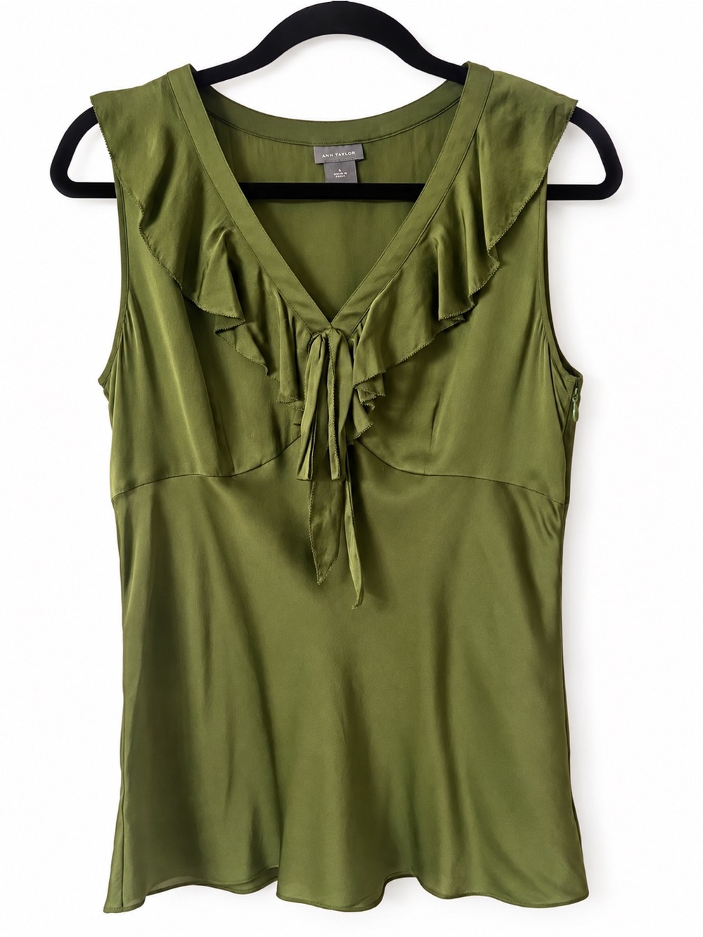 Ann Taylor Olive Green Ruffle Tie V-Neck Sleeveless Camisole